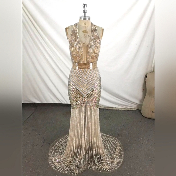 Beaded Halter Neckline Mermaid Dress - Stunning Tulle Evening Prom Dress - Picture 3 of 11